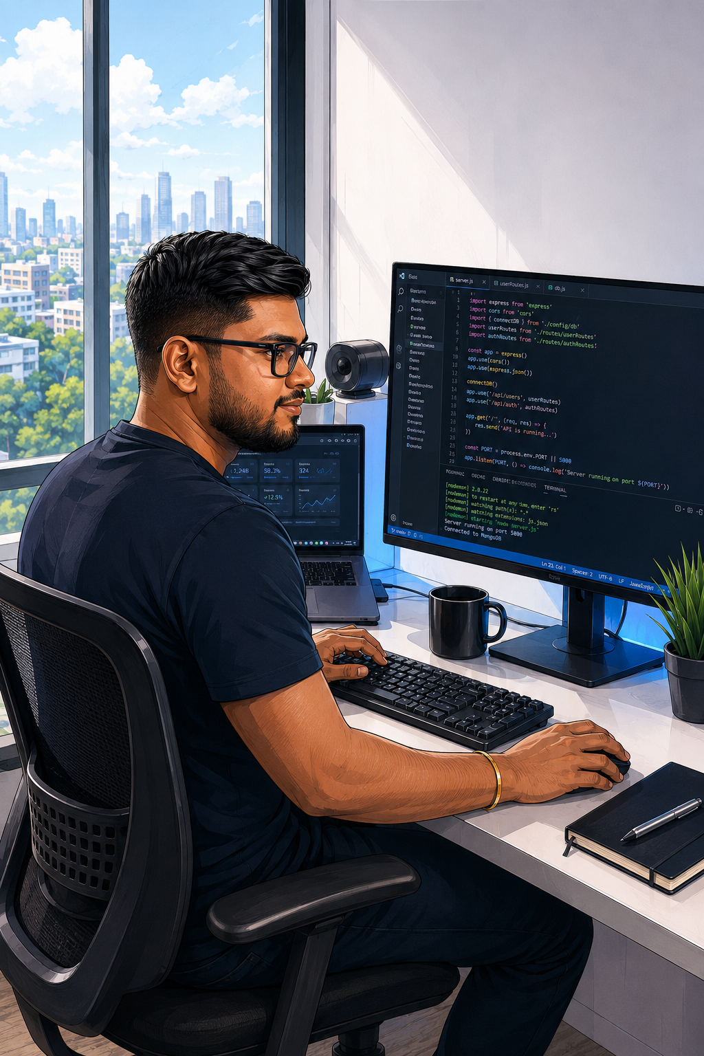 Hasintha Doluweera coding at his desk — illustration